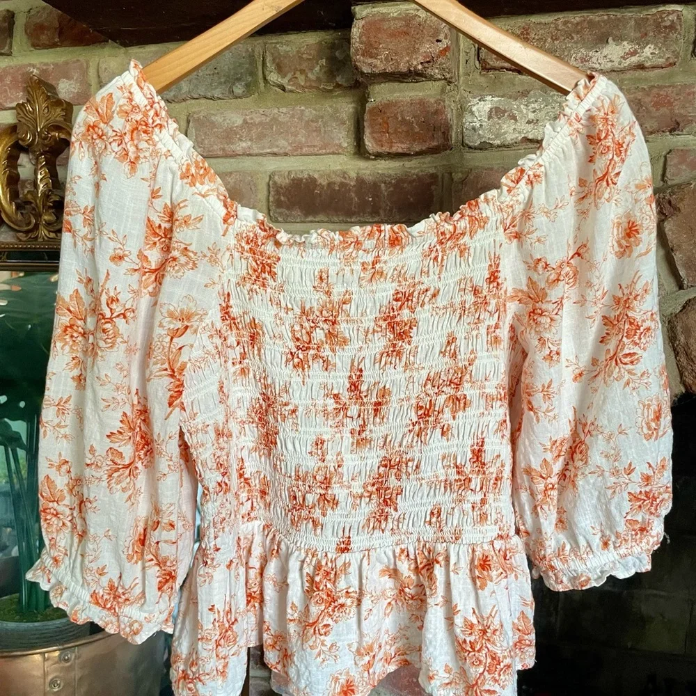 LOFT Orange Smocked Floral Peplum Blouse Puff Sleeve Cottagecore Resort Retro